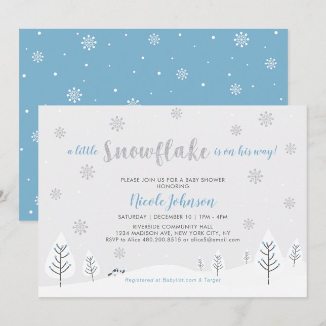 Silver & Blue Winter Wonderland Boy Baby Shower Invitation (Front/Back)