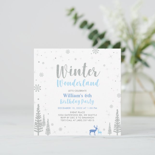 Silver & Blue Winter Wonderland Boy Birthday Party Invitation (Standing Front)