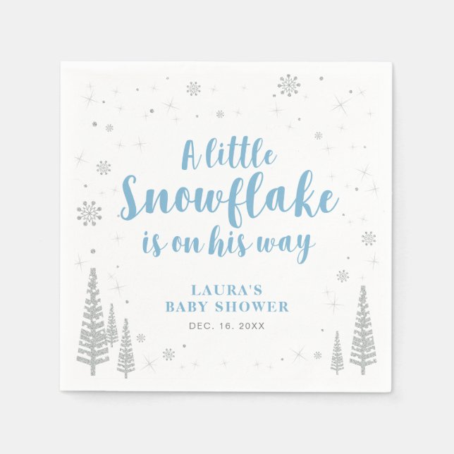 Silver & Blue Winter Wonderland Snow Baby Shower Napkin (Front)