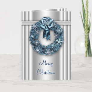 Silver Blue Wreath Corporate Christmas Holiday Card