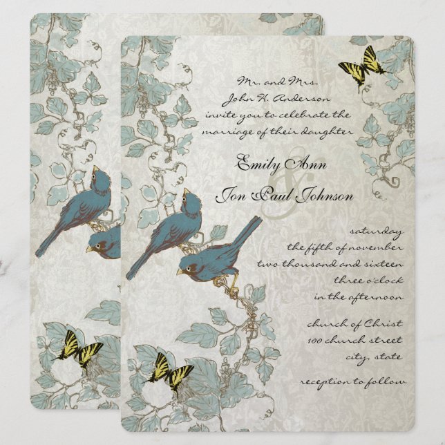 Silver Blue Yellow Butterflies & Birds Wedding Invitation (Front/Back)