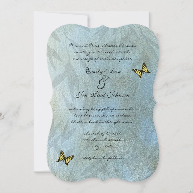 Silver Blue Yellow Butterfly Wedding Invitation (Front)