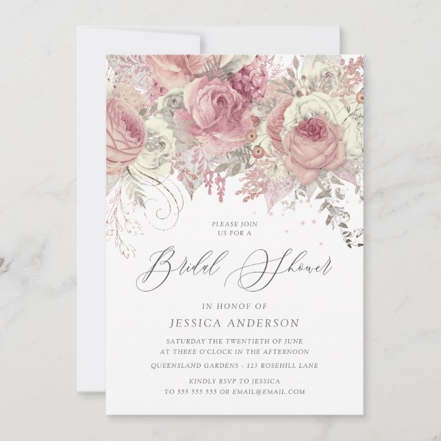 Silver & Blush Enchanted Floral Bridal Shower Invitation (Front)