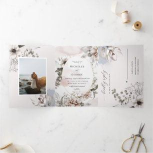 silver blush floral tri fold wedding invitation