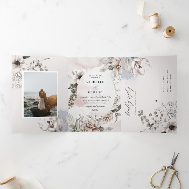 silver blush floral tri fold wedding invitation (Inside)