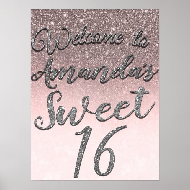 Silver & Blush Glitter Welcome Sweet 16 Party Sign (Front)