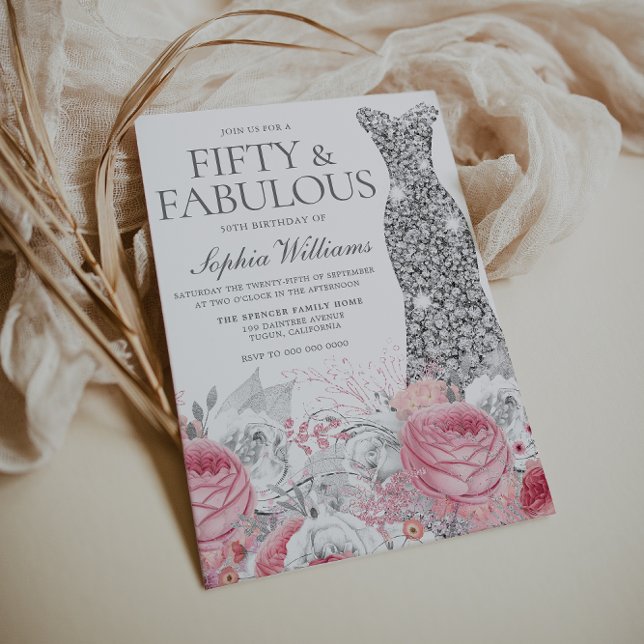 Silver & Blush Pink 50th Birthday Party Invitation (Creator Uploaded)