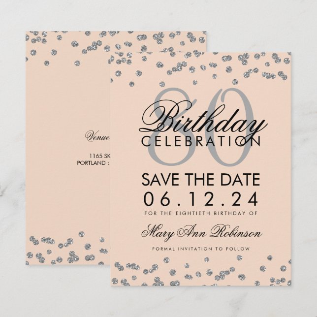 Silver Blush Pink 80th Birthday Save Date Confetti Invitation (Front/Back)