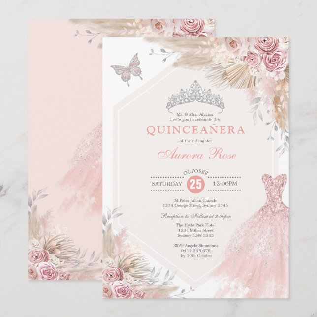 Silver Blush Pink Boho Floral Quinceañera Birthday Invitation (Front/Back)
