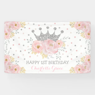Silver Blush Pink Floral Crown Princess Birthday Banner