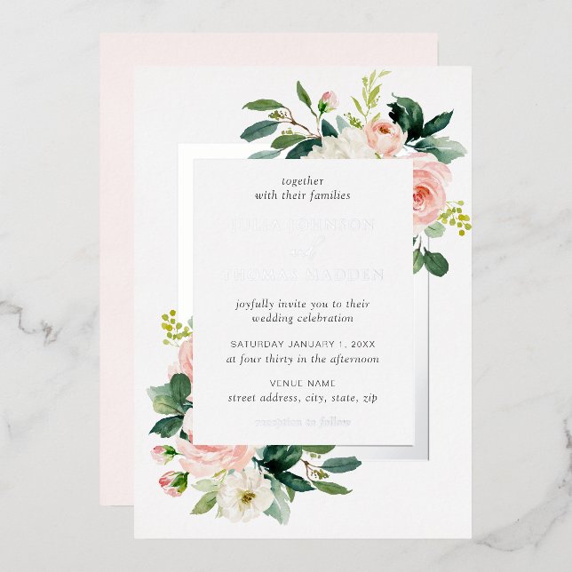 Silver Blush Pink Floral Frame Wedding  (Front/Back)