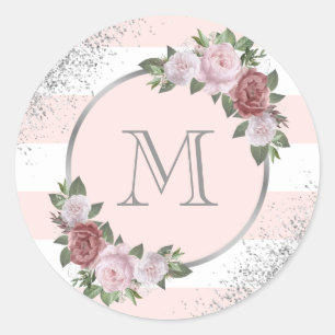 Silver Blush Pink Floral Monogram Classic Round Sticker