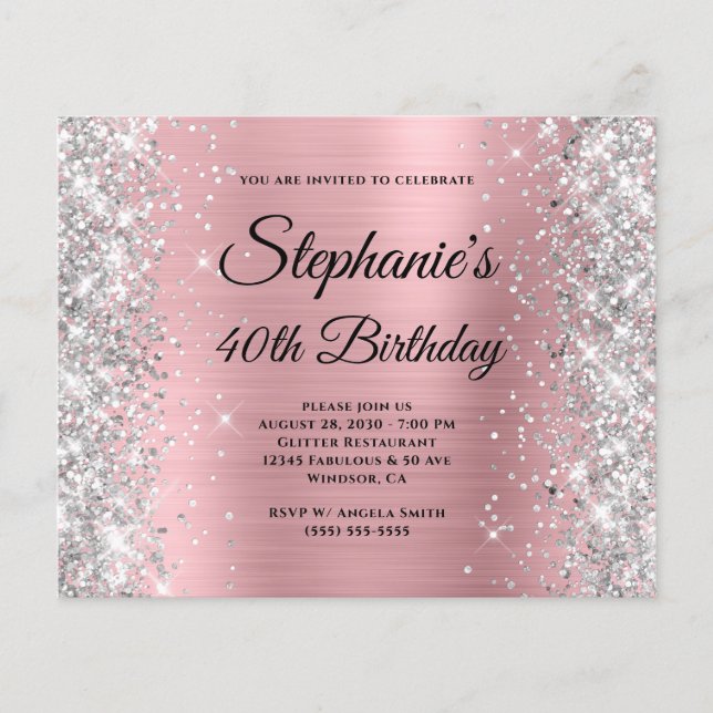Silver Blush Pink Glam Monogram 40th Birthday Flyer (Front)
