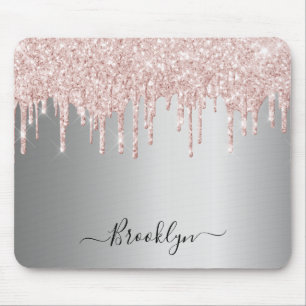 Silver blush pink glitter drip sparkle monogram mouse mat