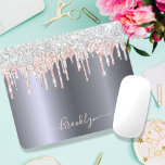 Silver blush pink glitter drip sparkle monogram mouse mat<br><div class="desc">An elegant, girly and glam mouse pad. A dark faux silver background. Decorated with silver and blush pink, sparkling faux glitter drips, paint dripping look. A bit of everyday luxury and bling. Personalize and add your name. The name is written with a modern hand lettered style script. Light pink colored...</div>