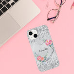 Silver blush pink glitter floral monogram name  Case-Mate iPhone 14 case<br><div class="desc">A faux silver metallic looking background. Faux glitter drips,  paint dripping look as decoration. A silver heart decorated with pink flowers.  Personalise and add a name. The name is written with a modern hand lettered script.</div>