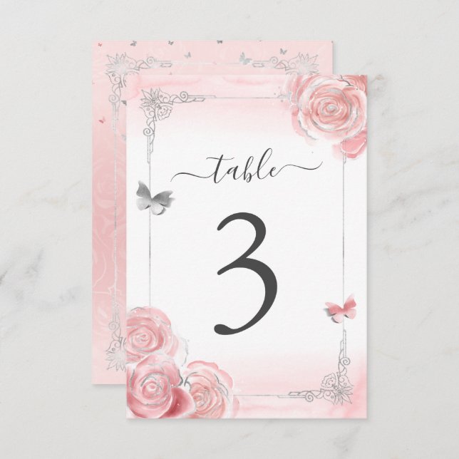 Silver Blush Pink Roses Elegant Table Number Card (Front/Back)