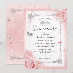 Silver Blush Pink Roses Watercolor Quinceanera Invitation