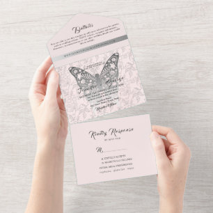 Silver Blush Pink Wedding All In One Invitation