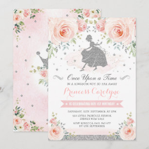 Silver Blush Roses Princess Cinderella Birthday Invitation