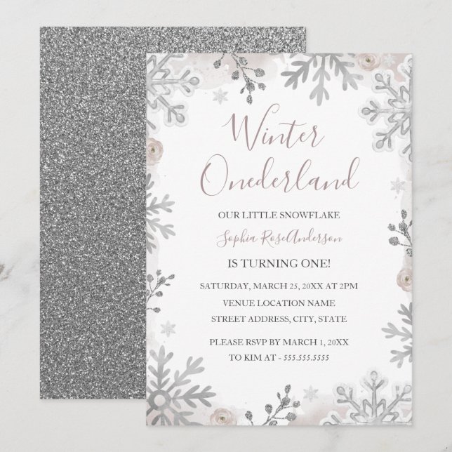 Silver Blush Winter Onederland 1st Birthday Invitation (Front/Back)