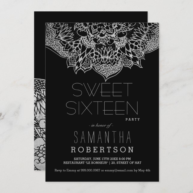 Silver boho floral mandala Sweet 16 party Invitation (Front/Back)