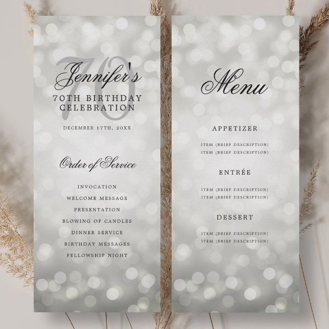 Silver Bokeh 70th Birthday Program Menu Invitation (Silver Bokeh 70th Birthday Program Menu)