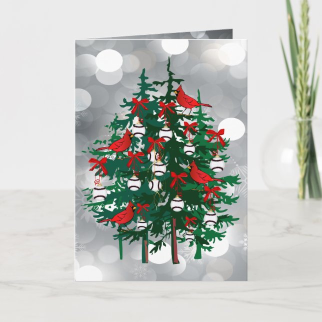 Silver Bokeh Baseball Christmas Tree with Red Bird Holiday Card (Front)