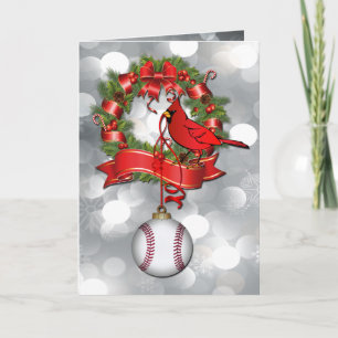 Silver Bokeh Baseball Christmas Wreath with Red B Holiday Card