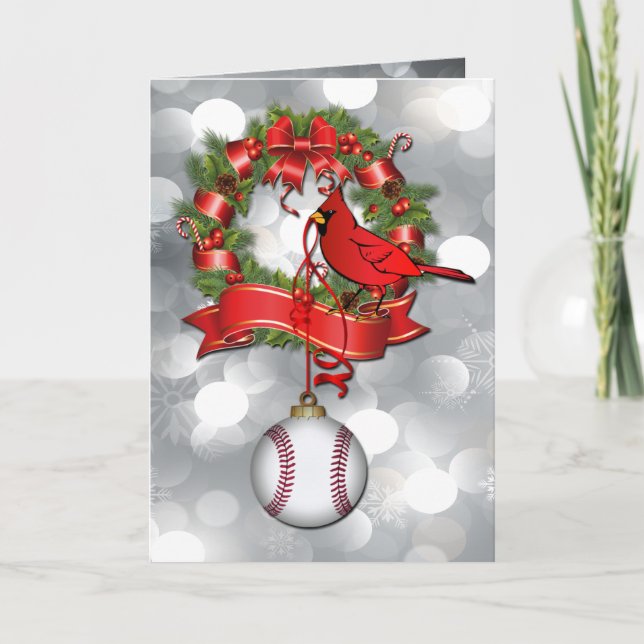 Silver Bokeh  Baseball Christmas Wreath with Red B Holiday Card (Front)