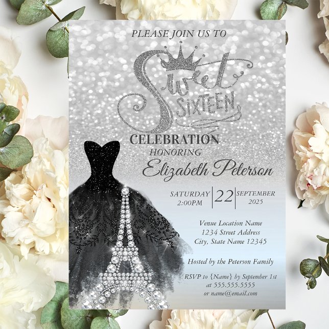 Silver Bokeh Black Dress Eiffel Tower Sweet 16 Invitation (Creator Uploaded)