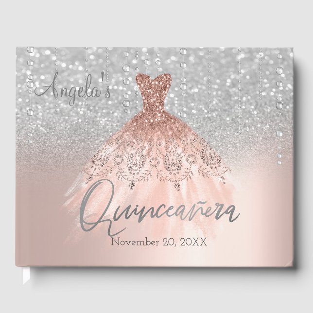  Silver Bokeh Chic Rose Gold Dress Quinceañera  Guest Book (Front)