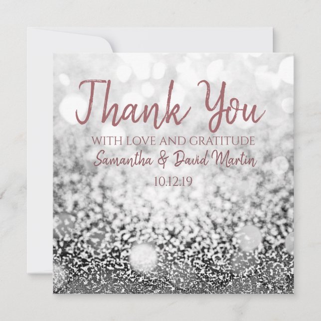 Silver Bokeh Glitter Wedding Thank You Card (Front)