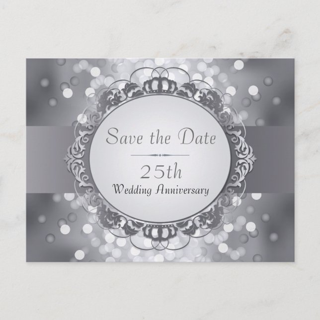 Silver Bokeh Save the Date 25th Anniversary Announcement Postcard (Front)
