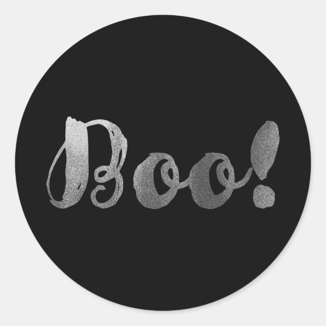 Silver BOO! Modern Script Halloween Party Favour Classic Round Sticker (Front)