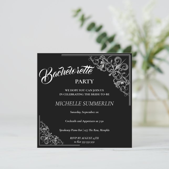 Silver Border Bachelorette Party Invitation (Standing Front)