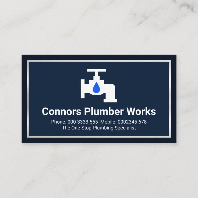 Silver Border Frame Plumbing Service Business Card (Front)