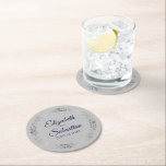Silver Border Navy Blue on Grey Elegant Wedding Round Paper Coaster<br><div class="desc">These beautiful wedding coasters feature a simple yet elegant design with navy blue script lettering and a frilly silver faux foil border on a grey background. There space for the couple's names and the wedding date. Wonderful wedding memento or save the date gift.</div>