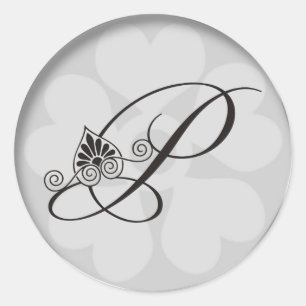 Silver Border Swirls Monogram P Classic Round Sticker