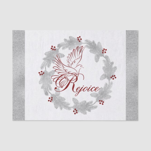 Silver Borders with Pine Wreath and Red Rejoice Tissue Paper (Front)