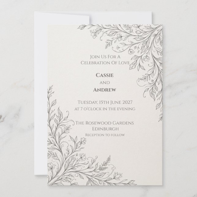 Silver Botanical Corner Wedding Invitation (Front)