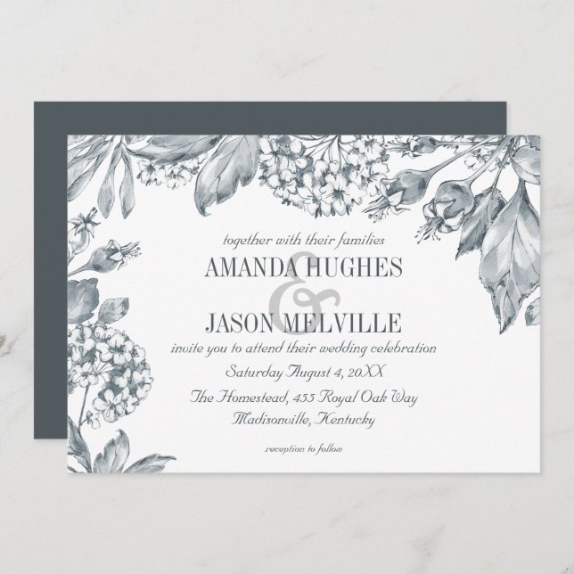 Silver Botanical | Floral wedding invitation (Front/Back)