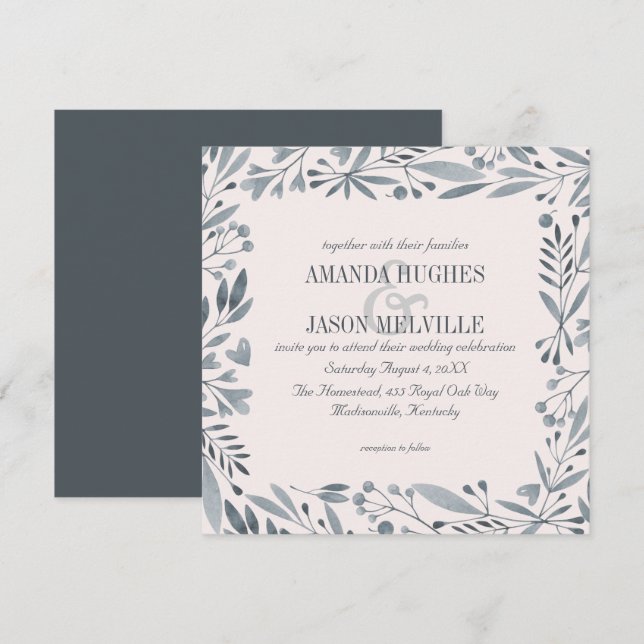 Silver Botanical | Floral wedding pink | Square | Invitation (Front/Back)