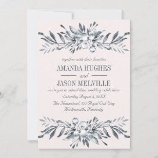Silver Botanical | Floral wreath wedding PINK Invitation