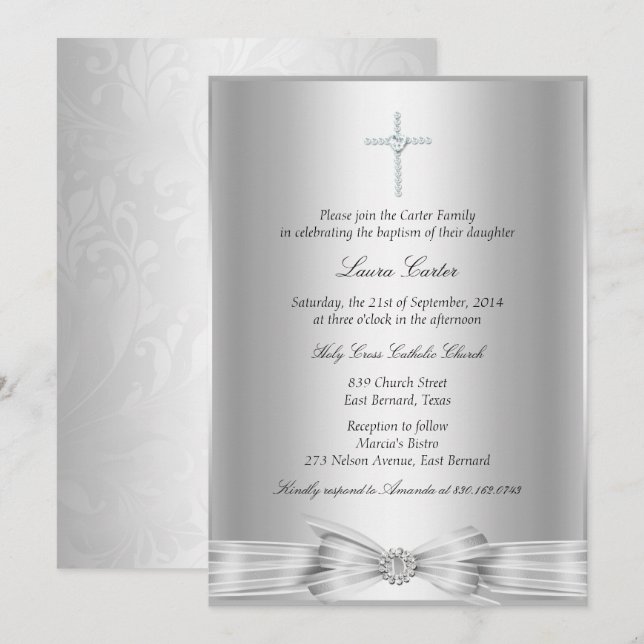 Silver Bow Cross Baptism/Christening Invitation (Front/Back)