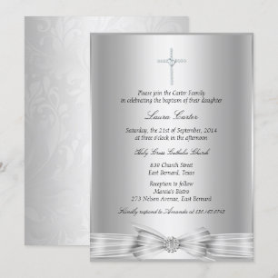 Silver Bow Cross Baptism/Christening Invitation