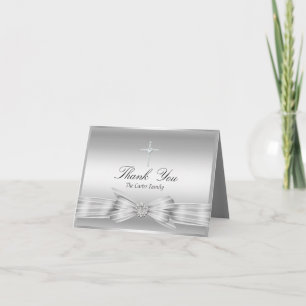 Silver Bow & Cross Baptism Thank You Card