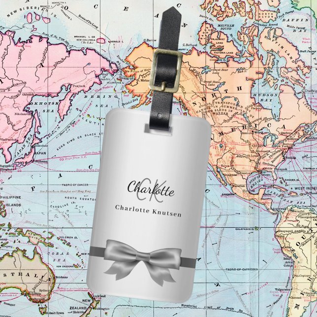 Silver bow monogram initials elegant luggage tag (Creator Uploaded)
