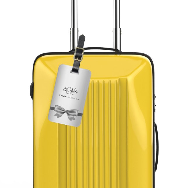 Silver bow monogram initials elegant luggage tag (Creator Uploaded)