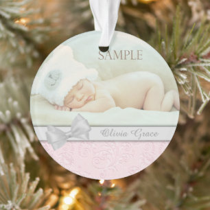 Silver Bow Pink Pastel Baby 1st Christmas Photo Ornament